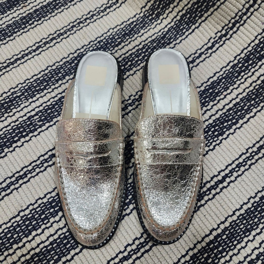 Dolce Vita Silver Metallic Crackle Leather Penny Loafer Mules Womens 9 Slip On - Picture 2 of 11